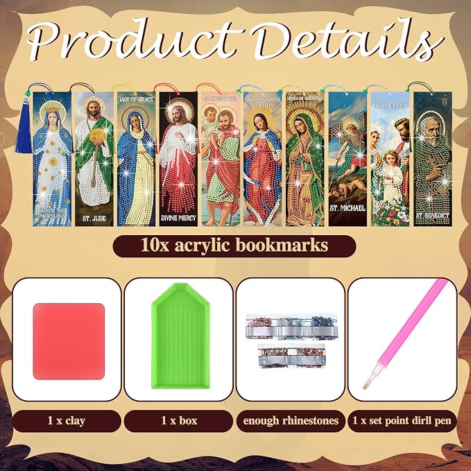 Sinload 10 Pcs Christian Diamond Art Bookmark for Adults Catholic Saint Diamond Bookmarks with Tassel 5d Jesus Virgin Mary Diamonds Painting Book Mark for Reading Lover DIY Crafts Religious Gift