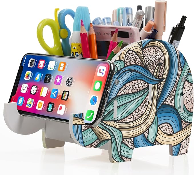 MOKANI Pen Pencil Holder for Desk Cute Elephant Gifts Desk Organizer Marker Makeup Brush Holders Workspace Organizers Office Decor Accessories with Phone Stand Christmas Gifts For Women Men Adults