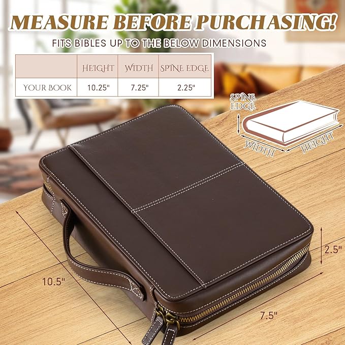 Top Grain Leather Bible Cover for Men Women Buffalo Genuine Leather Bible Case Book Holder Bag with Zipper Handle Back Pocket Bookmark Father's Day Religious Gift(Dark Brown,Large,Classic)