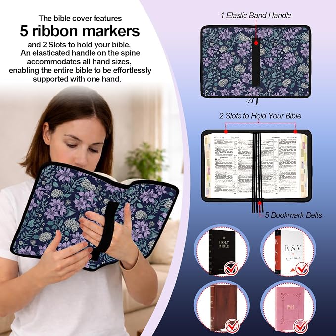Lilac Bible Cover Case for Women with Shoulder Strap & Handle Zipper Pocket, Large Bible Bag with Study Supplies Journaling Kit Book Carrying Case, Pens Highlighters Cross Clips Tabs