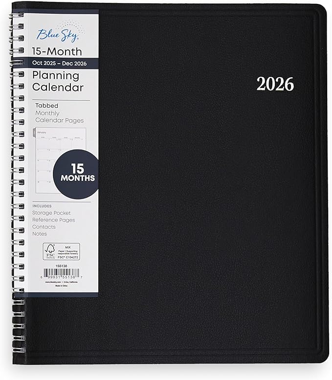Blue Sky 2026 15-Month Monthly Planner Calendar, October 2025 - December 2026, 8” x 10”, Durable Faux Leather Cover, Laminated Tabs, Concealed Wirebound, Storage Pocket, Enterprise
