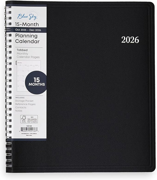 Blue Sky 2026 15-Month Monthly Planner Calendar, October 2025 - December 2026, 8” x 10”, Durable Faux Leather Cover, Laminated Tabs, Concealed Wirebound, Storage Pocket, Enterprise
