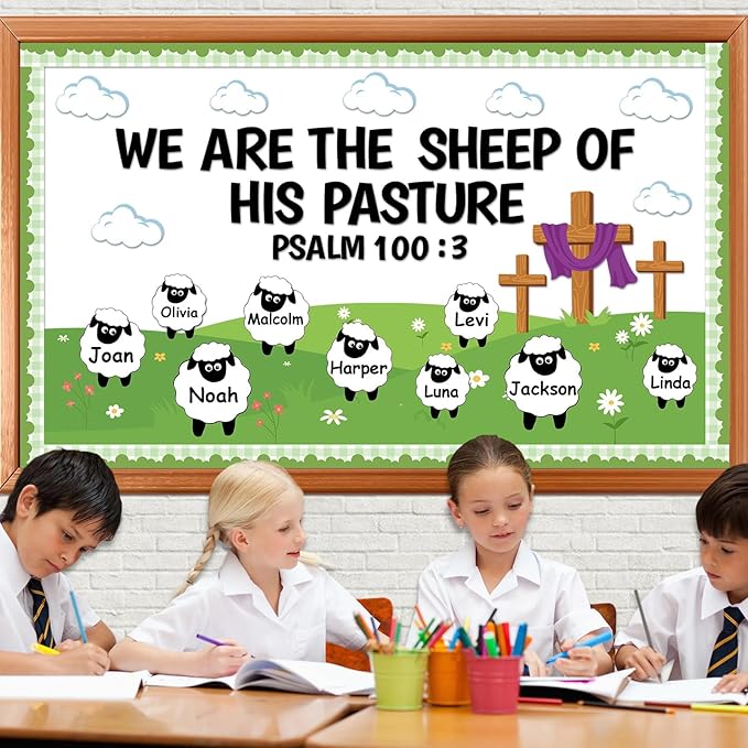 Christian Bulletin Board Set VBS 2026 Religious Jesus Classroom Decoration Sheep Bible Verse Paper Cutouts We are The Sheep of His Pasture Bulletin Board for Sunday School Church Chalkboard Wall Decor