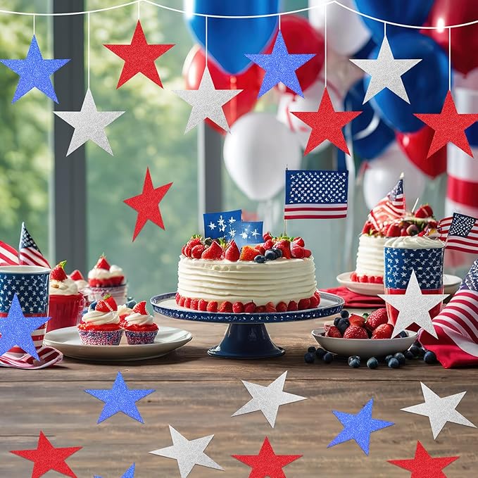 JUNEBRUSHS Patriotic Stars Cutouts, 48Pcs Double Sided Glitter Stars Cutouts 4th of July Paper Star Classroom Bulletin Board Decoration for Independence Day Wall Decor Craft Supplies