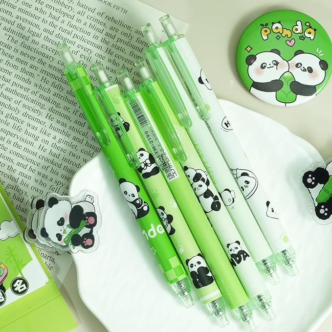 12 Pcs Cartoon Retractable Gel Ink Pens, 0.5mm Fine Tip Black Ink Cute Panda Pen Set, Ideal for Office, School, Women & Men (Black Ink - Panda)