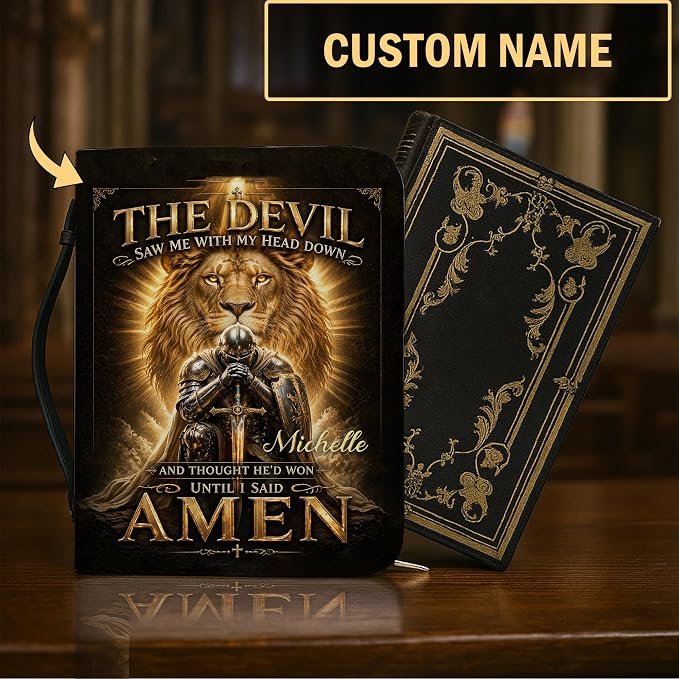 Personalized Man of God Bible Cover for Men, Christian PU Leather Bible Case with Handle Zipper, God Says I Am Warrior Scripture Bible Holder, Religious Gift for Men (Knee Before God)