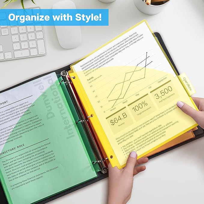 Dunwell 5-Tab Binder Pocket Dividers, Plastic Dividers with Two Pockets for 3-Ring Binder, Multicolor, Fits 8.5x11 Letter Size Documents, Insertable Tabs, 5 Subject Notebook Divider 3 Hole Punched