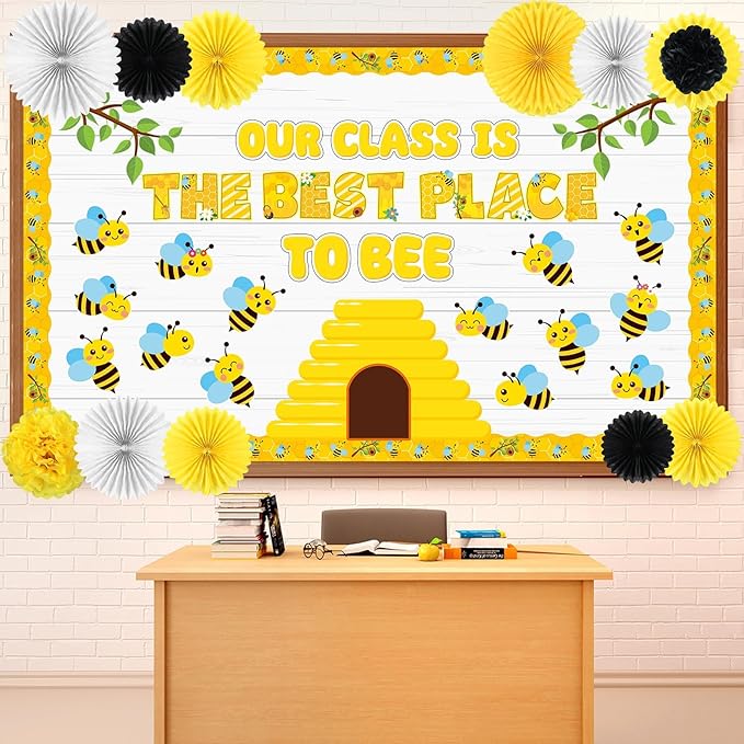 Bee Classroom Bulletin Board Decorations 3D Summer Bee Hive Cutouts with Paper Fans Pom Poms Our Class is to Be The Best Place Cutouts for Classroom Back to School Door Chalkboard Wall Decor Supplies