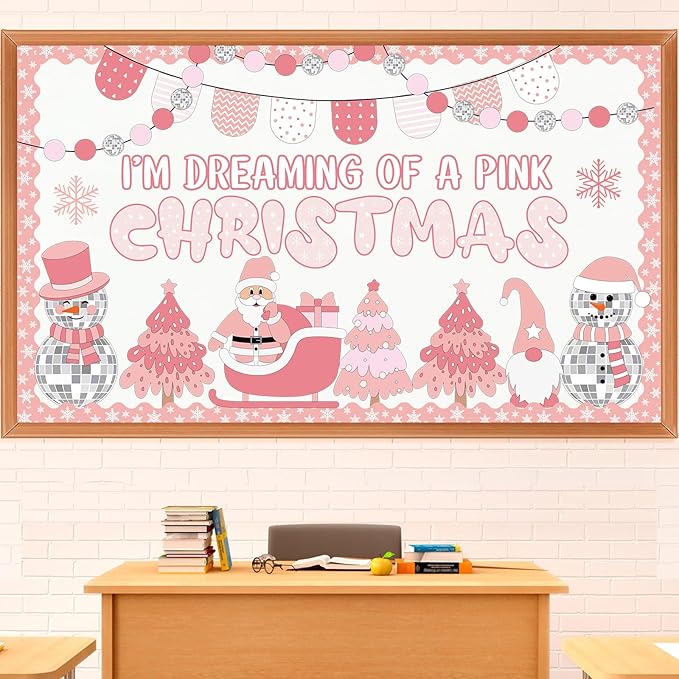 Funrous Christmas Bulletin Board Decoration Set Xmas Tree Classroom Decor Snowman Santa Claus Gnome Snowflake Cutout Winter Border Trim for Xmas Holiday Office Wall Door Supplies(Pink Christmas)