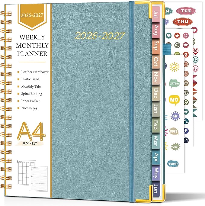 Academic Planner 2026-2027, Hardcover Leather Weekly and Monthly Calendar Planner from July 2026 - June 2027, A4 8.5" x 11" Daily Agenda with Tabs, College School Organizer for Student Teacher, Dusty Blue