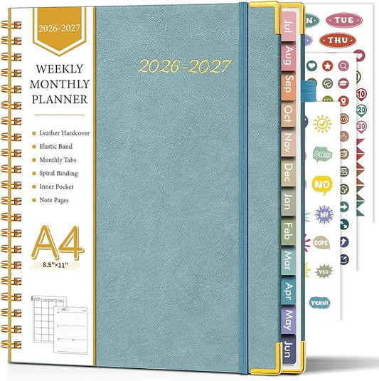 Academic Planner 2026-2027, Hardcover Leather Weekly and Monthly Calendar Planner from July 2026 - June 2027, A4 8.5" x 11" Daily Agenda with Tabs, College School Organizer for Student Teacher, Dusty Blue