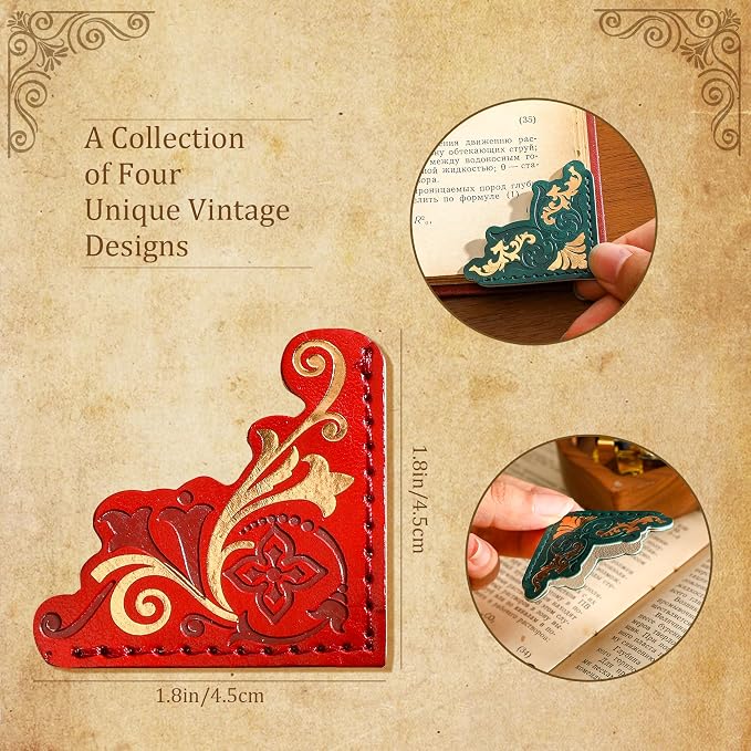 4 PCS Vintage Leather Bookmarks, Elegant Gold Stamped Corner Bookmark Retro Pattern Book Mark Book Accessories Gifts for Book Lovers Women Girls
