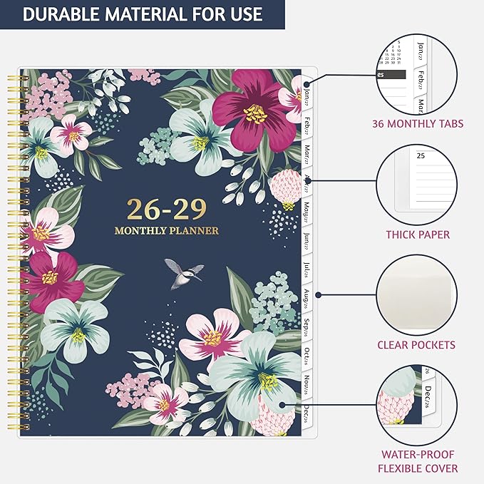Monthly Planner 2026-2029, 36 Months Calendar Planner 2026-2029 from Jul 2026 – Jun 2029, 8.5'' x 11'' with Ruled Spread, Flexible Cover, Spiral Wirebound, Pocket, Coated Tabs, Notes ＆ Habit Tracker