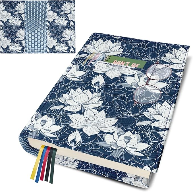Book Cover Protector for Paperback,Adjustable Soft Canvas Fabric Book Cover with Pocket Bookmark,Double Side Print Book Dust Jacket Covers for Hardcover Book Lovers Gift Lotus Flower L