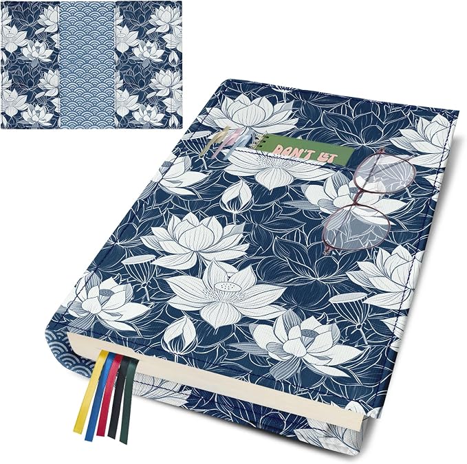 Book Cover Protector for Paperback,Adjustable Soft Canvas Fabric Book Cover with Pocket Bookmark,Double Side Print Book Dust Jacket Covers for Hardcover Book Lovers Gift Lotus Flower S