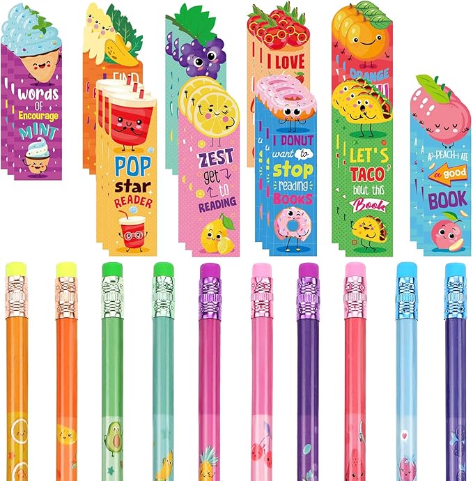 Teling 60 Pcs Inspirational Scented Pencils and Scented Bookmarks Sets Funny Pencils with Eraser Fruit Theme Bookmarks Cute Stationery Bulk for Reading Rewards Party Favors