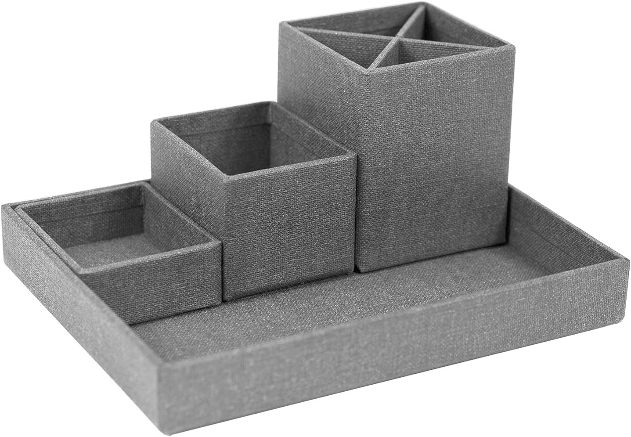 Bigso Box of Sweden Desk Storage Organiser for Stationery - Pen Holder with 4 Compartments for Various Office Items - Fibreboard and Paper Stationery Storage - Grey