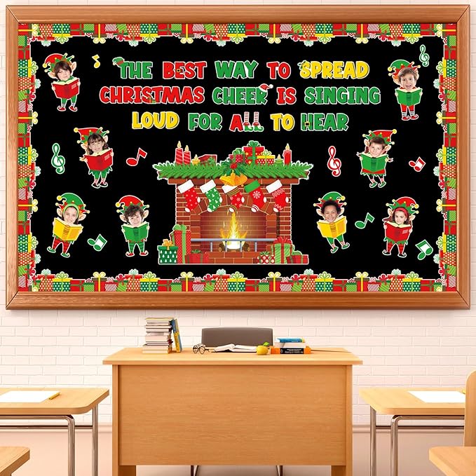 Funrous 60 Pcs Christmas Elf Bulletin Board Set DIY Photo Elf Fireplace Paper Cutouts with Photo Space for Xmas Winter Holiday Party School Classroom Wall Decorations