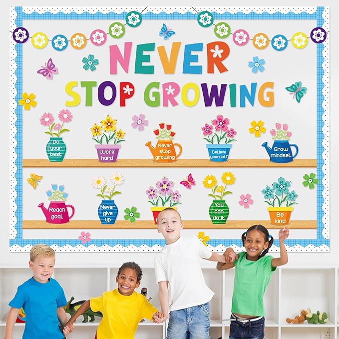 71PCS Never Stop Growing Bulletin Board Spring Bulletin Board Decorations Set Positive Flower Butterfly Paper Cutouts for Teacher Back to School Classroom Chalkboard Wall Decor Supplies