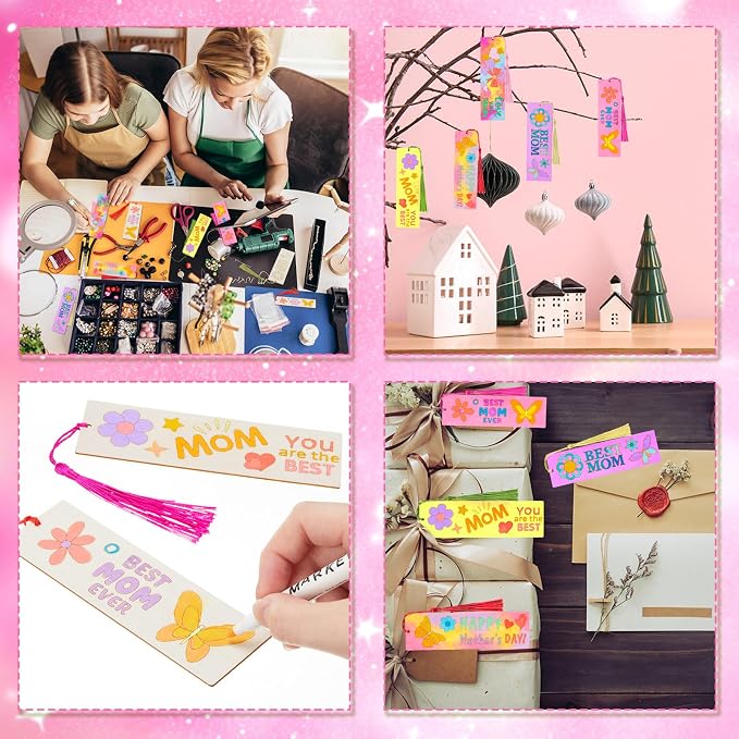 AmazingSpark 100 Pcs Mother's Day Wooden Bookmarks, 50 Set DIY Craft Kit with Tassels, Blank Coloring Bookmarks for Mom Grandma Gifts, Classroom Activity, Party Favor