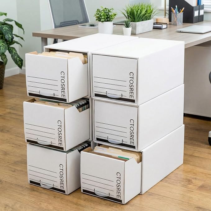 Ctosree 6pcs Economy Storage Drawer Files White Stackable Storage Drawers with Plastic Handles for Files, Letter Durable Space Saving Organizers for Office, Home