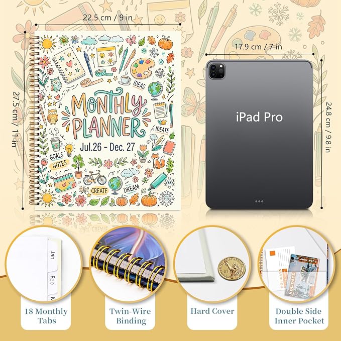 18 Month Monthly Planner 2026-2027 (Jul 2026 - Dec 2027), 9" x 11" Large Planner with Monthly Tabs, Inner Pocket, Hardcover Academic Organizer for Students, Teachers & Professionals