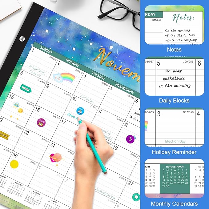 Gannyfer Desk Calendar 2026-2027, 18 Month Large Desk Calendar, Use Now Through Mar 2027, 22" x 17", Thick Paper, Corner Protectors, Large Ruled Blocks with Notes Section, Colorful Watercolor, 6 Stickers Included