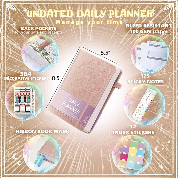 Undated Academic Planner Hardcover (5.5x8.5") - Flexible Weekly & Monthly Organizer with Stickers, Productivity Journal for Students & Professionals(Rose Gold)
