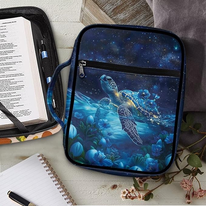 Suobstales Galaxy Turtle Flower Print Bible Cover Carrying Book Case for Women Men Lightweight Bible Bag Bible Protective with Handle and Zippered Pocket