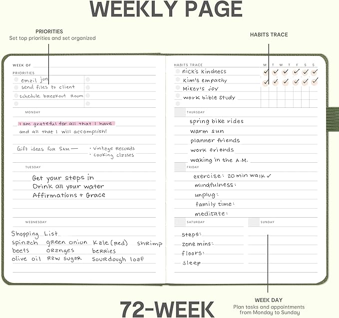 And Per Se Undated Weekly Planner 2026, A5 size Leather Hardcover Planner with Goals & Habit Tracker – ADHD Planner & Productivity Journal (Olive Green)