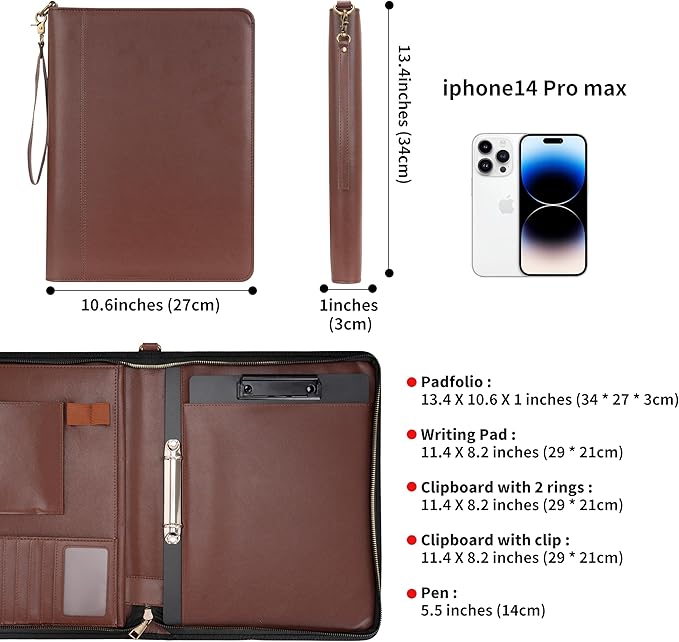Wason A4 Portfolio with Zipper - Leather PU Padfolio with Detachable Ring Binder and Writing Notepad Holder, Conference File Multi-Pockets Organizer for Office Travel School (Coffee)