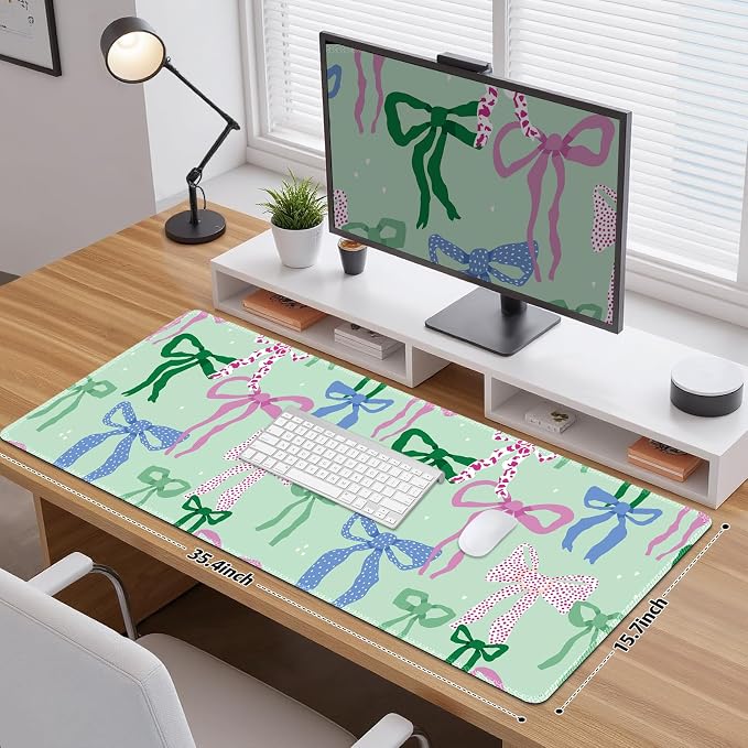 Cute Desk Pad Mouse Pad, Large Gaming Mouse Mat with Stitched Edges, Non-Slip Waterproof Rubber Base Mous Mat for Office Computer Keyboard Laptop Home Decor Women Girl (35.4X17.5 in), Green Pink Bows