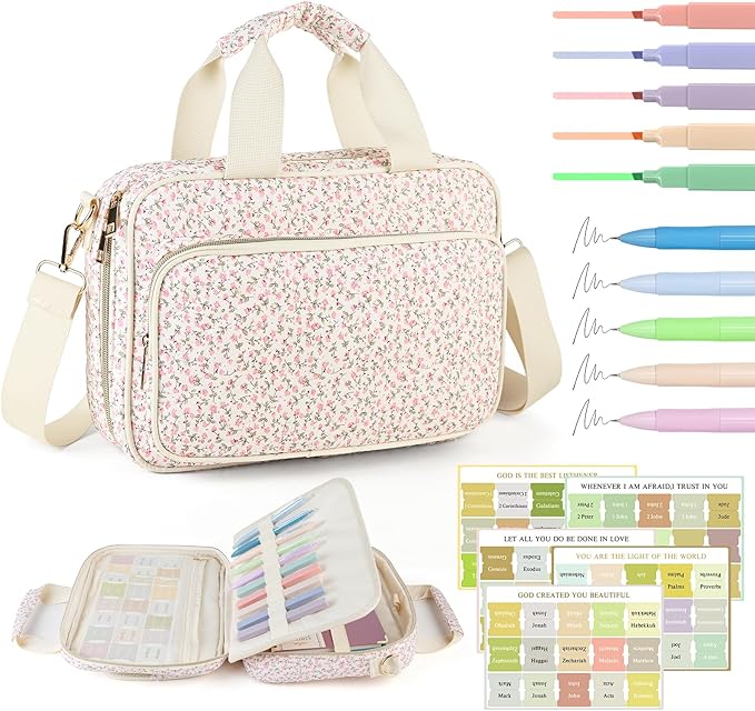 Bible Cover Case for Women, Large Quilted Bible Bag with Bible Study Supplies 5*Sticker & 5*Highlighter & 5*Pen, Stylish Church Bag Journaling Kit, Mothers Day Christian Gifts (Pink Floral)