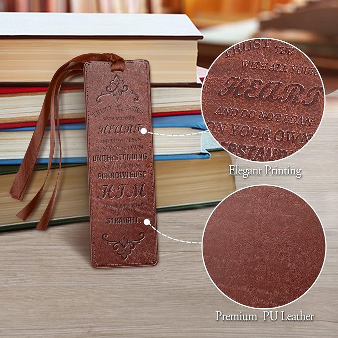 FINPAC Leather Bible Bookmarks, Vegan Religious Bookmarks, Bible Verse Book Markers Church Gifts for Women Men [Trust in The Lord with All Your Heart] - Vintage Brown