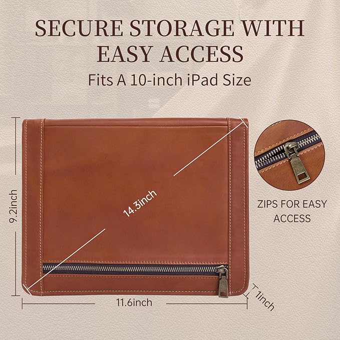 Genuine Leather Professioal Business Portfolio Padfolio Folder with Zipper, Conference Meeting Executive File Legal Document Organizer for Men, Work Portfolio for Meeting and Travel—Brown