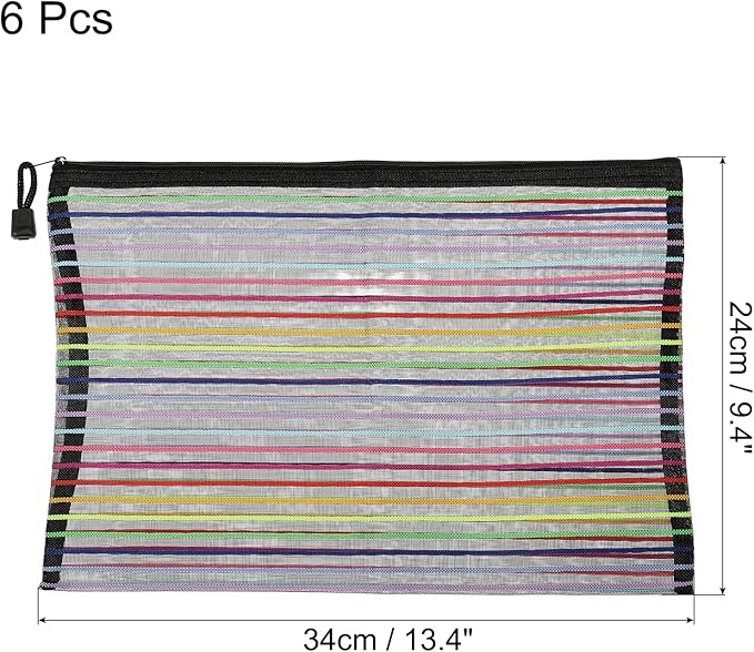 MECCANIXITY Mesh Zipper Pouches, A4 Colorful Pencil Case Document File Bags Storage Organizer for Office Supply Travel Accessory, Black Pack of 6