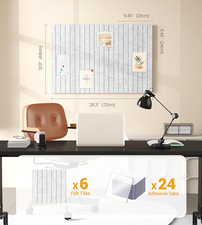 1/2" Thick Cork Board for Office, 6 Pack Felt Wall Tiles -28"x18" with Safe Adhesive Tabs, Large Bulletin Board, Push Pin Board Organizer Wall - Gray Marble