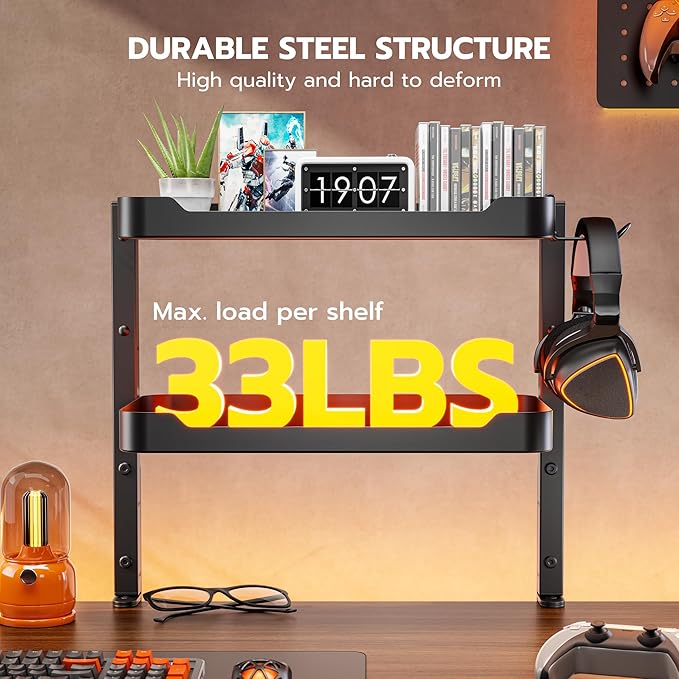 ARES WING 2-Tier Clamp On Desk Shelf, 16 inch Adjustable Above or Under Desk Storage Shelves Holds 66 lbs, Heavy Duty Desktop Organizer with Headphone Holder for Working and Gaming Accessories, Black