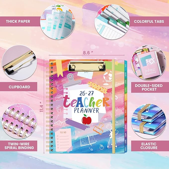 Teacher Planner 2026-2027 - Teacher Lesson Planner, July 2026 - June 2027, 9" x 11", 2026-2027 Academic Planner Weekly and Monthly, Lesson Plan Book for Teachers, Colorful Tabs, Inner Pocket, Clipboard