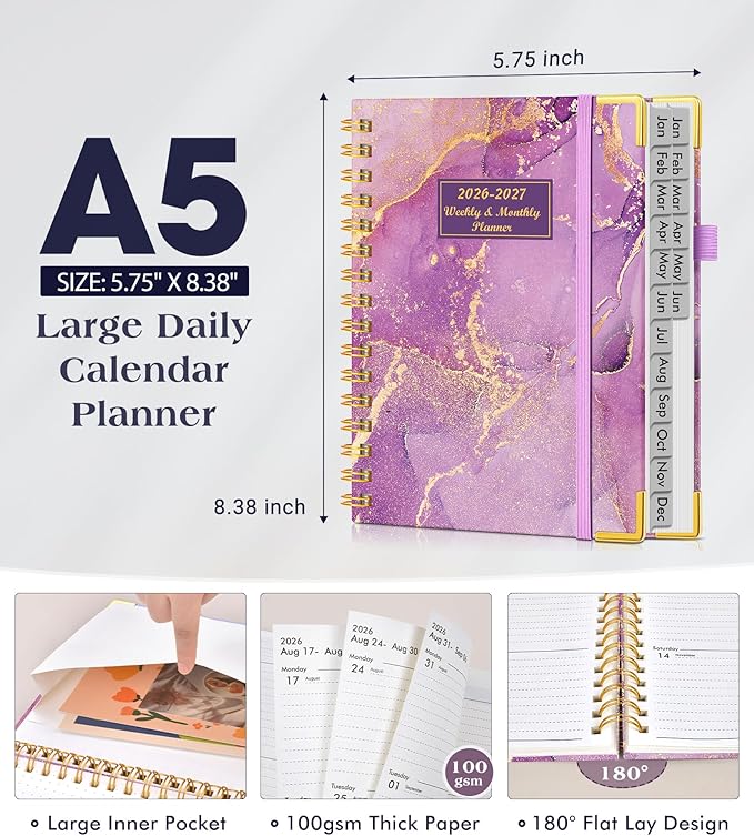 Planner 2026-2027, 18 Months Weekly and Monthly Hardcover Planner, January 2026 - June 2027, 5.75" x 8.38" A5 Daily Calendar Planner Book with Tabs, Spiral Yearly Agenda Organizer Notebook for School Work Home, Purple Marble