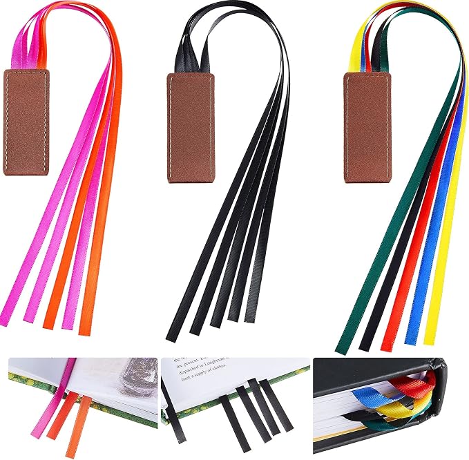 Outus 3 Pieces Bible Ribbon Bookmark Markers Artificial Leather Bookmark with Ribbons for Books Office(Retro Colors Ribbon)