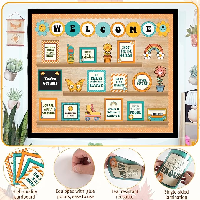 Welcome Back to School Bulletin Board Decorations, Hippie Retro Classroom Decorations Motivational Bookshelf Cutouts Groovy Bulletin Board Set for Classroom School Office Door Wall Decor