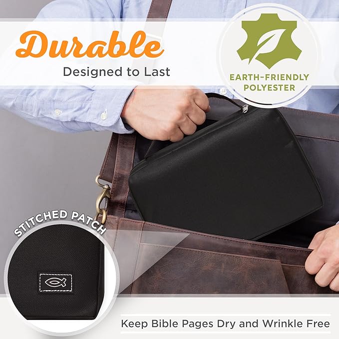 Christian Art Gifts Men or Women's Bible Cover Secure Zipper Jesus Fish, Black Canvas, Large