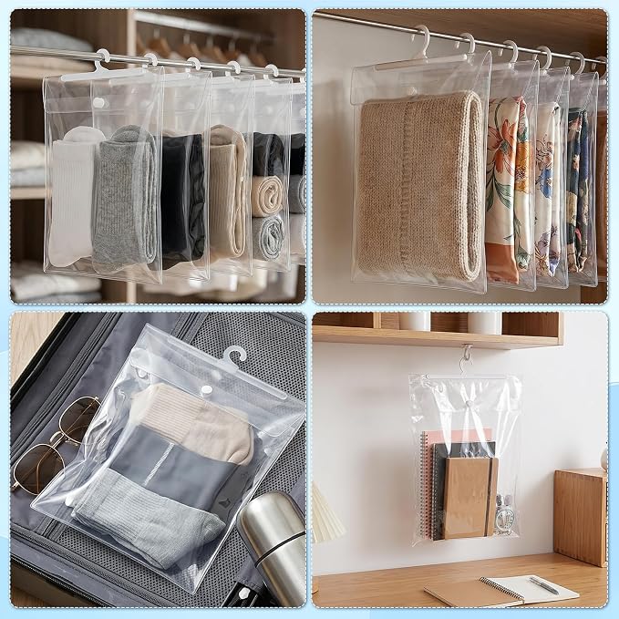 50 Packs Plastic Hanging Storage Bags with Hanger, 12.6×10'' Hang-Up Clear Plastic Bags, Reusable Hanging Storage Bag with Hook, Waterproof, Dustproof, for Sorting, Organising, and Storing