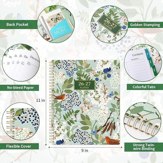 Planner 2026-2027 - Academic Planner 26-27, July 2026 - June 2027, 9" x 11", 2026-2027 Planner Weekly and Monthly with Monthly Colorful Tabs + Storage Pocket + Spiral Bound - Floral