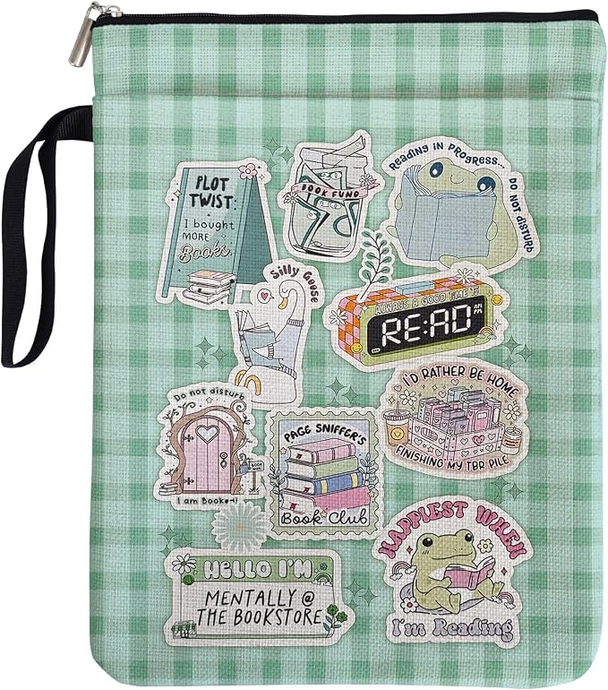 Green Checkered Collage Style Book Covers for Book Lovers with Handle Pocket, Book Club Gifts for Chritsmas, Reading Accessories for Women Friends Reader Bookish