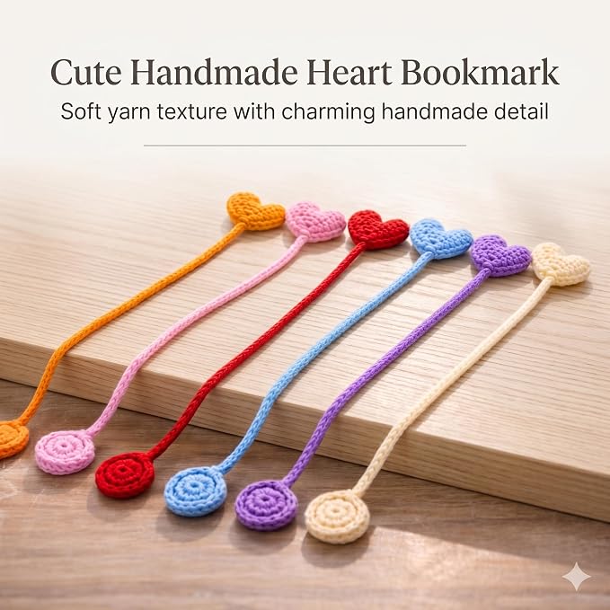 6 Pack Heart Shaped Crochet Bookmarks,Handmade Knitted Heart Shaped Book Marker for Women Personalized Book Marks for Reading Men, Book Lover Teacher Kids Birthday Gift,Cute Unique Bookmarks