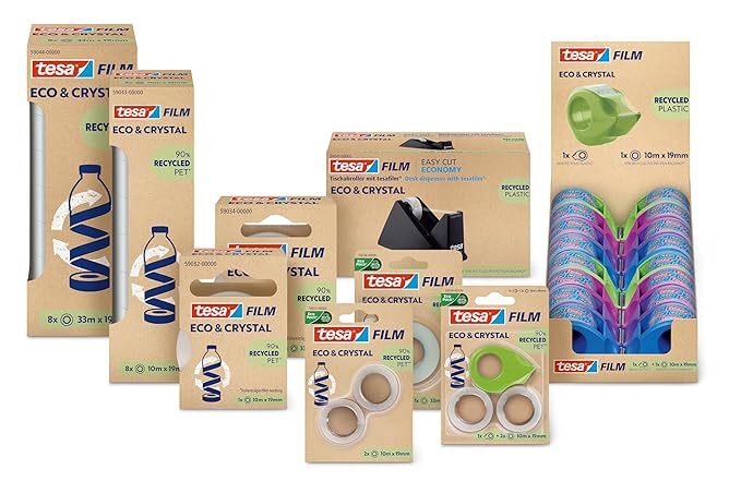 tesafilm Eco and Crystal - Adhesive Tape - Transparent, Strong Hold and Tear-Resistant - Made from Reprocessed PET Material - Comes with a Mini Tape Dispenser- 2 Refill Rolls, 10m x 19mm