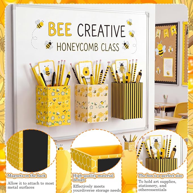 6 Pcs Bee Theme Classroom Decor Classroom Magnetic Storage Boxes Magnetic Storage Containers Plastics Pen Holder for Refrigerator Whiteboard Home Office School Organizer Supply
