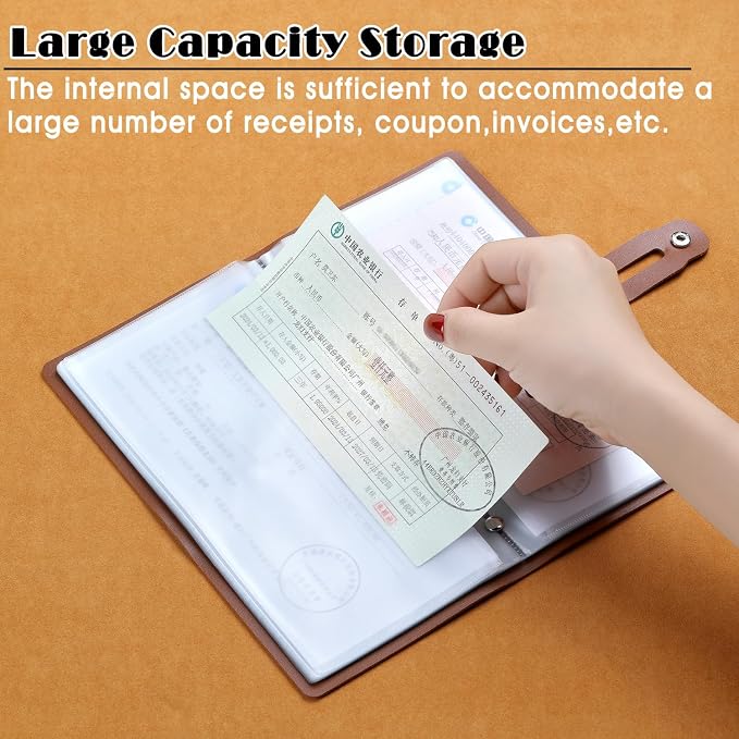 Leather Receipt Organizer, Portable Receipt Holder for Travel, Daily Coupon Organizer with 20 Pockets and 12 Card Slots to Keep Receipts and Coupons Organized, Prevent Loss and Damage (Brown)